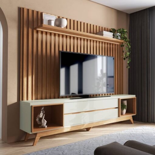 Painel + Rack até 75″ Aurora TB343F Off White/Freijó – DALLA COSTA – Total
