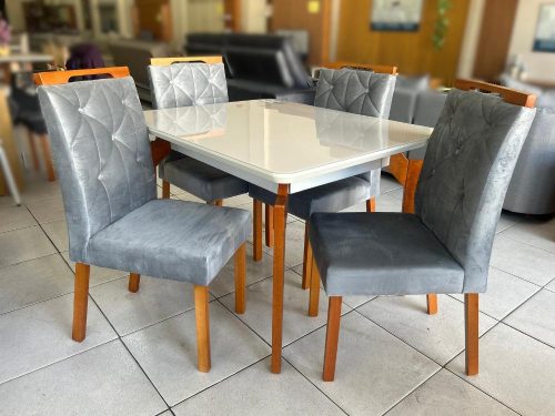 Mesa de Jantar Abeille 1.14×0.93 c/ 4 Cadeiras Jasmim – Naturale/Off White/ Cinza Veludo(lord)