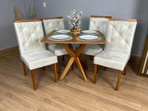 Mesa de Jantar Simpatia 0,90×0,90 Quadrada Com 4 cadeiras Jasmim – Cinamomo/Bege(lord)