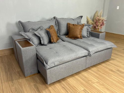 Sofá Cama Retrátil Reclinável Gabriella 2,30m – Cinza Linho / Marrom Courino(lord-total)