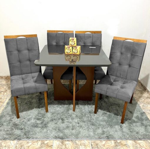 Mesa Madri 90×90 Cinamono/Preto com 4 Cadeiras Sophia/Capri Veludo Cinza Grafite – MINASPLAC + WM DECOR-total