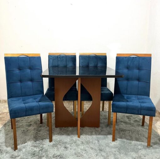 Mesa Madri 90×90 Cinamono/Preto com 4 Cadeiras Sophia/Capri Veludo Azul – MINASPLAC + WM DECOR-total