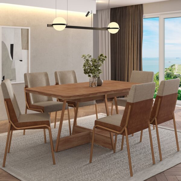 Mesa Átria 1592 160 Rosê Cobre/Nogal Freijó com 6 Cadeiras Hug 1749 Rosê Cobre/Linho Areia/Corino Caramelo – CARRARO-total