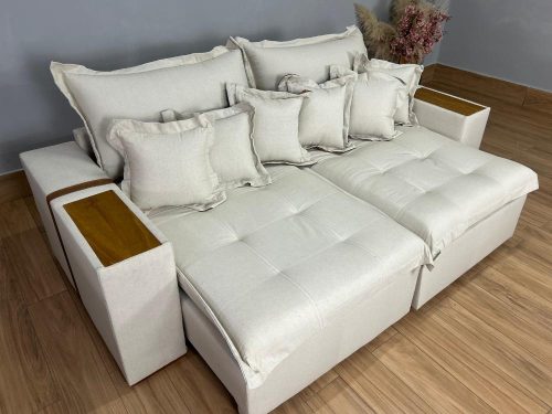 Sofá Cama Retrátil Reclinável Gabriella 2,30m – Bege Linho / Marrom Courino(lord-total)