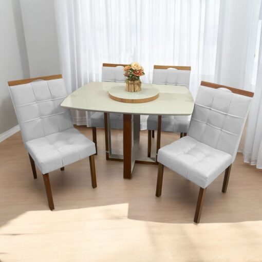 Mesa Atlas Mel/Off White Canto Barril 120×90 com 4 Cadeiras Sophia Mel/Linho Cinza Prata 206 – ART ASSENTOS + WM DECOR(total)