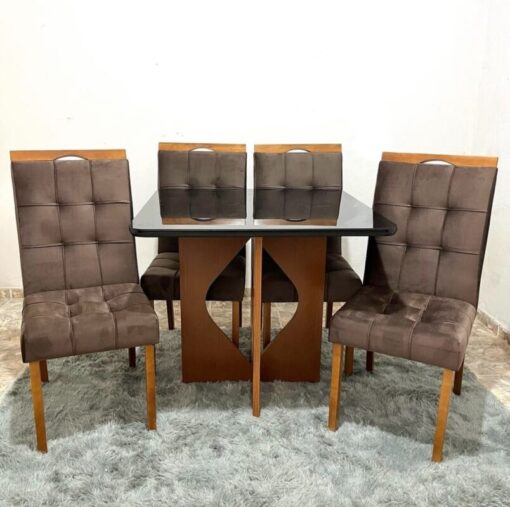 Mesa Madri 90×90 Cinamono/Preto com 4 Cadeiras Sophia/Capri Veludo Marrom – MINASPLAC + WM DECOR-total