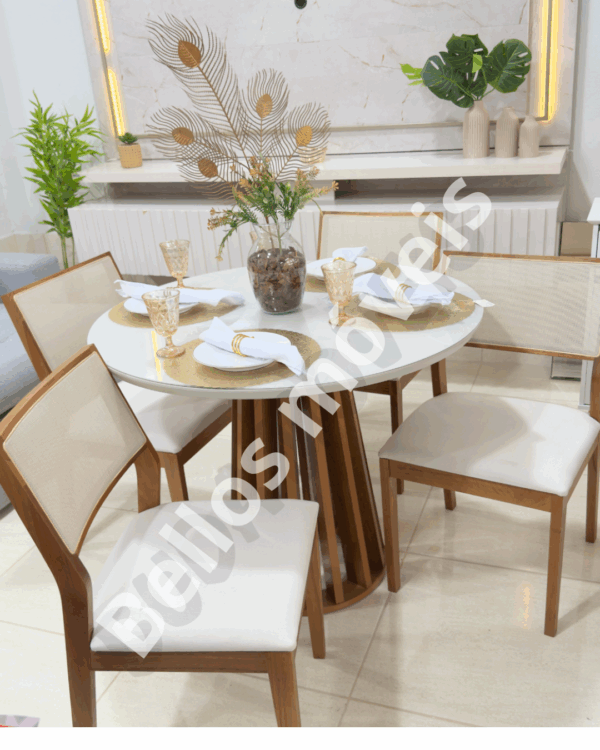 Mesa Berlim 100 Cinamono/Off White com 4 Cadeiras Grécia Linho Bege – CEL MÓVEIS + HR MOVELARIA(total)
