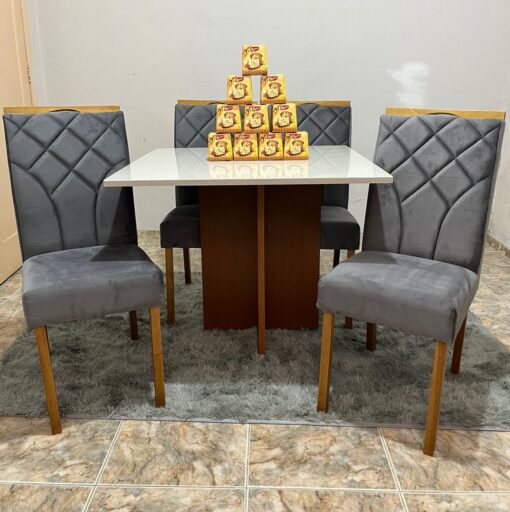 Mesa Los Angeles 120 Cinamono/Off White com 4 Cadeiras Stella Veludo Grafite – MINASPLAC + CLEFATOS-total