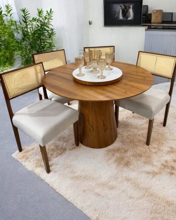 MESA PARIS REDONDA1,20 LAMINADA CINAMOMO + 4 Cadeiras Grécia de Madeira Maciça Linho Bege– MINASPLAC – RN