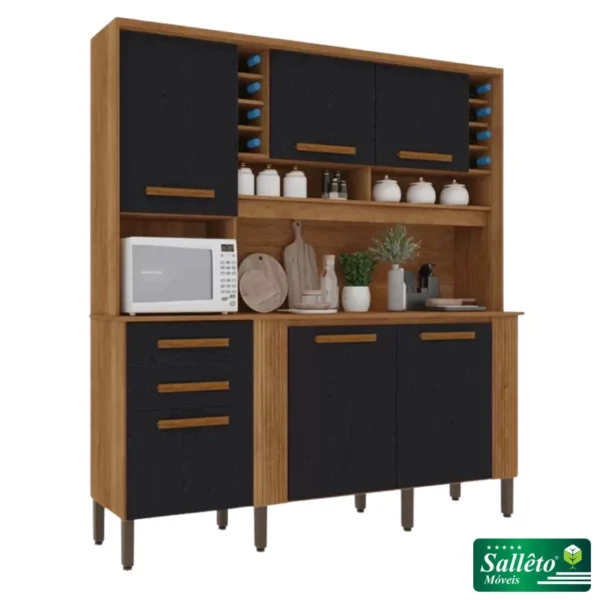 Armário Cozinha Cinamomo/Preto Catar 6 Portas 2 Gavetas Larg. 2.00m - Sallêto-rufer