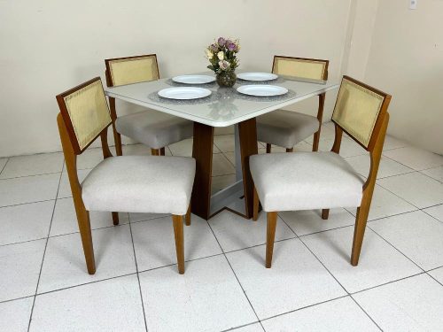 Mesa de Jantar Laís 1.15×0.94 com 4 Cadeiras Grécia – Cinamomo/Off White(lord)