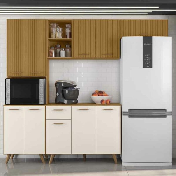 Kit Cozinha Núria Ripado 3D 9 Portas 1 Gaveta Larg. 1.80m Freijó/Off Poliman