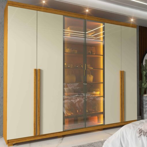 .Guarda-Roupa Imperatriz 2,30 m 6 Portas/2 Reflecta Naturale/Off White – GELIUS(total).