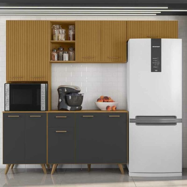 Armário Cozinha Olinda Ripado 3D 4 Peças Paneleiro + Aéreo 1.05m + Balcão e Aéreo de Geladeira Freijó/Grafite Poliman