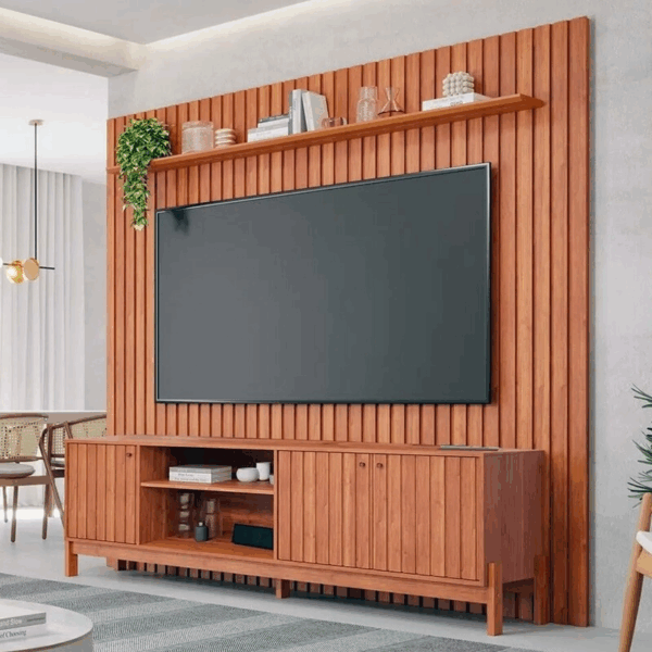 Rack Holanda Cinamomo Ripado 100% MDF Larg. 2.05m + Painel Maragogi Cinamomo Ripado 100% MDF Larg. 2.30m - Permobili (ruffer)