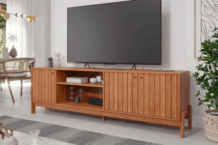 Rack Holanda Cinamomo Ripado 100% MDF Larg. 2.05m + Painel Maragogi Cinamomo Ripado 100% MDF Larg. 2.30m - Permobili (ruffer) - Imagem 3