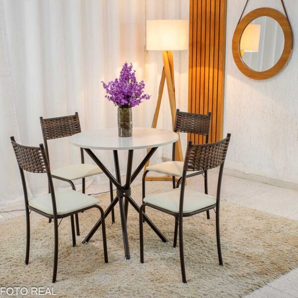Mesa Atlanta Base Ipanema Marrom Tampo Redondo Pedra Off 75x75 4 Cadeiras Assento Creme - Teixeira-rufer