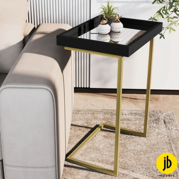 Mesa de Apoio 4774 Luxo Preto c/Espelho Pés Dourado - JB Bechara (rufer)
