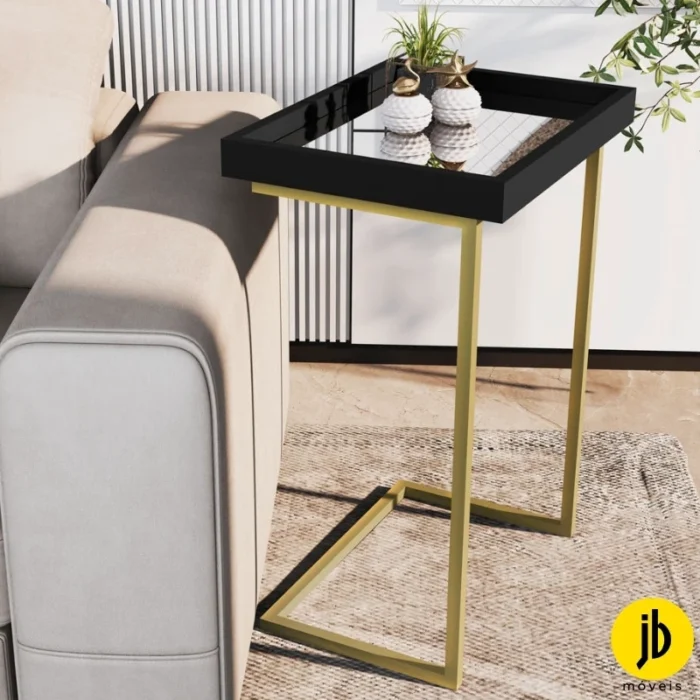 Mesa de Apoio 4774 Luxo Preto c/Espelho Pés Dourado - JB Bechara (rufer)