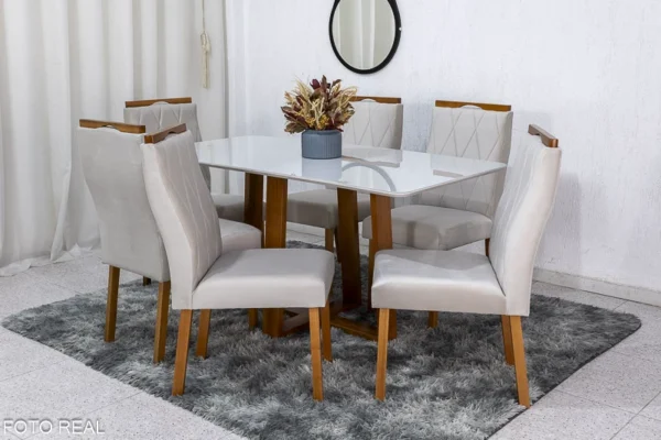 Mesa de Jantar Pedro Mel Vidro Off 160×80 6 Cadeiras Lisboa Veludo Bege 512 Madeira Maciça Art Assento - Entregue Montada(rufer)