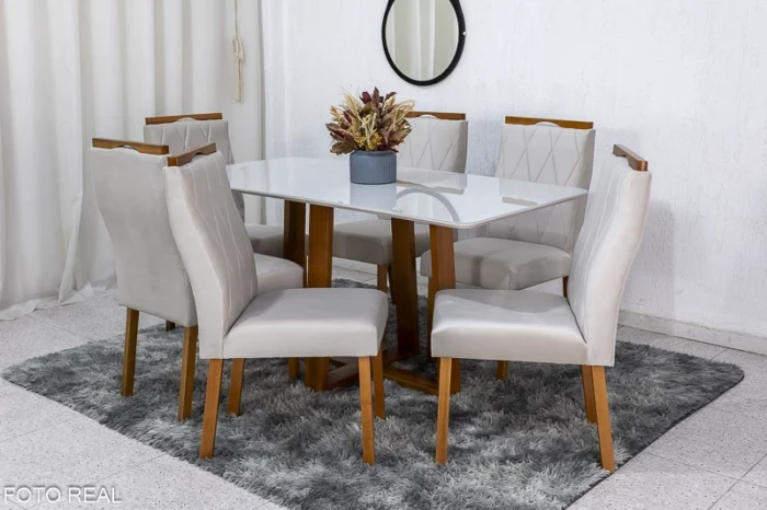 Mesa de Jantar Pedro Mel Vidro Off 160×80 6 Cadeiras Lisboa Veludo Bege 512 Madeira Maciça Art Assento - Entregue Montada(rufer)