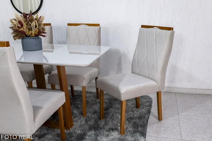 Mesa de Jantar Pedro Mel Vidro Off 160×80 6 Cadeiras Lisboa Veludo Bege 512 Madeira Maciça Art Assento - Entregue Montada(rufer) - Imagem 3