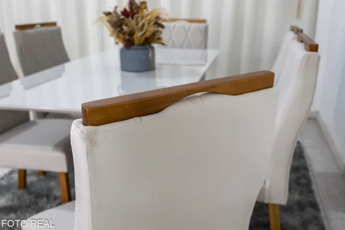 Mesa de Jantar Pedro Mel Vidro Off 160×80 6 Cadeiras Lisboa Veludo Bege 512 Madeira Maciça Art Assento - Entregue Montada(rufer) - Imagem 4
