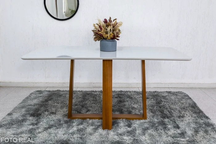 Mesa de Jantar Pedro Mel Vidro Off 160×80 6 Cadeiras Lisboa Veludo Bege 512 Madeira Maciça Art Assento - Entregue Montada(rufer) - Imagem 5