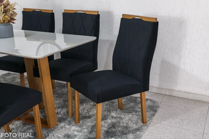 Mesa de Jantar Pedro Mel Vidro Off 160×80 6 Cadeiras Lisboa Veludo Preto 504 Madeira Maciça Art Assento - Entregue Montada(rufer) - Imagem 4