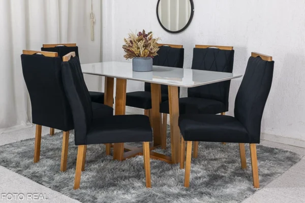 Mesa de Jantar Pedro Mel Vidro Off 160×80 6 Cadeiras Lisboa Veludo Preto 504 Madeira Maciça Art Assento - Entregue Montada(rufer)