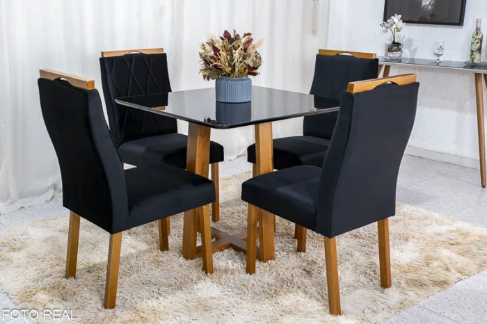 Mesa de Jantar Pedro Mel Vidro Preto 90×90 4 Cadeiras Lisboa Veludo Preto 504 Madeira Maciça Art Assento - Entregue Montada - Imagem 5