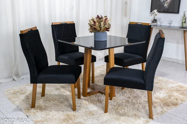Mesa de Jantar Pedro Mel Vidro Preto 90×90 4 Cadeiras Lisboa Veludo Preto 504 Madeira Maciça Art Assento - Entregue Montada