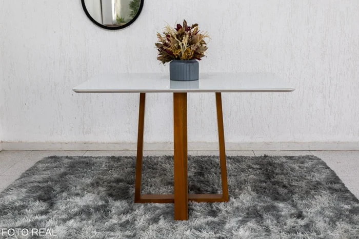 Mesa de Jantar Pedro Mel Vidro Off 120×80 4 Cadeiras Lisboa Veludo Bege 512 Madeira Maciça Art Assento - Entregue Montada(rufer) - Imagem 3