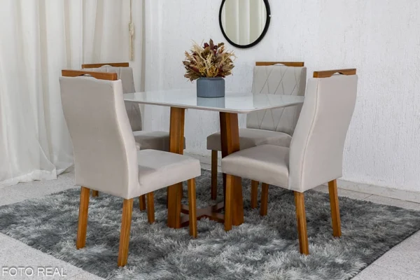 Mesa de Jantar Pedro Mel Vidro Off 120×80 4 Cadeiras Lisboa Veludo Bege 512 Madeira Maciça Art Assento - Entregue Montada(rufer)
