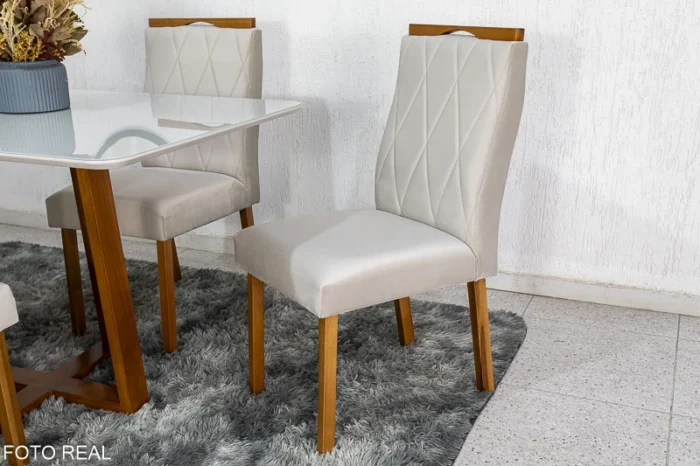 Mesa de Jantar Pedro Mel Vidro Off 120×80 4 Cadeiras Lisboa Veludo Bege 512 Madeira Maciça Art Assento - Entregue Montada(rufer) - Imagem 5