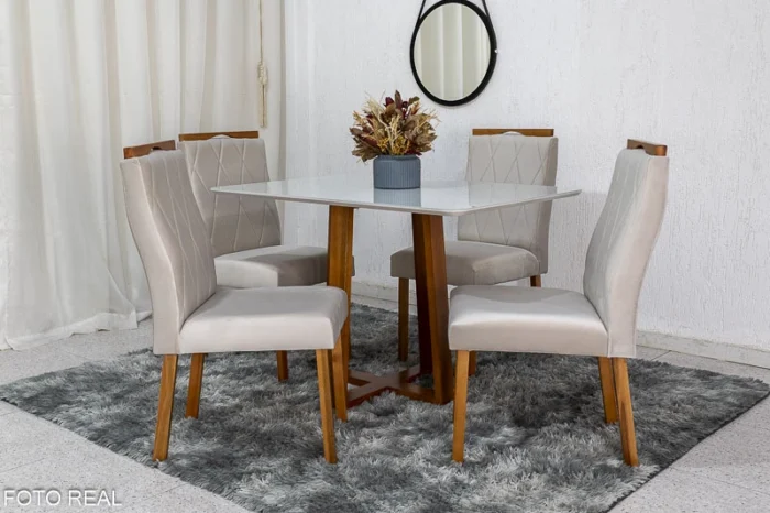 Mesa de Jantar Pedro Mel Vidro Off 120×80 4 Cadeiras Lisboa Veludo Bege 512 Madeira Maciça Art Assento - Entregue Montada(rufer) - Imagem 2