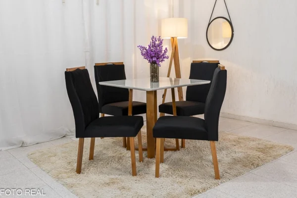 Mesa de Jantar Pedro Mel Vidro Off 90×90 4 Cadeiras Lisboa Veludo Preto 504 Madeira Maciça Art Assento - Entregue Montada(rufer)