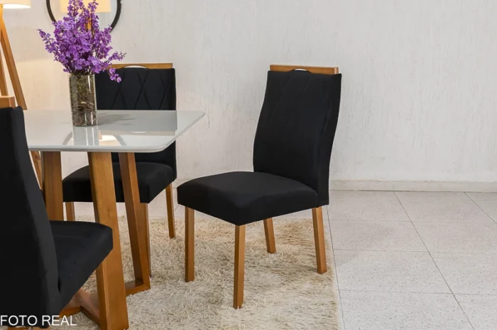 Mesa de Jantar Pedro Mel Vidro Off 90×90 4 Cadeiras Lisboa Veludo Preto 504 Madeira Maciça Art Assento - Entregue Montada(rufer) - Imagem 3