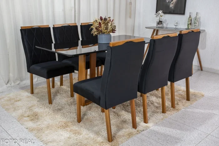 Mesa de Jantar Pedro Mel Vidro Preto 160×80 6 Cadeiras Lisboa Veludo Preto 504 Madeira Maciça Art Assento - Entregue Montada - Imagem 3