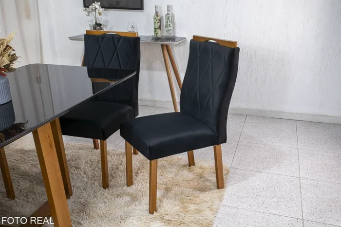 Mesa de Jantar Pedro Mel Vidro Preto 160×80 6 Cadeiras Lisboa Veludo Preto 504 Madeira Maciça Art Assento - Entregue Montada - Imagem 4