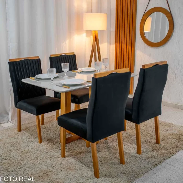 Mesa Pedro Mel Vidro OFF 120×80 4 Cadeiras Genova Veludo Preto 504 Madeira Maciça Art Assento - Entregue Montada(rufer) - Imagem 3