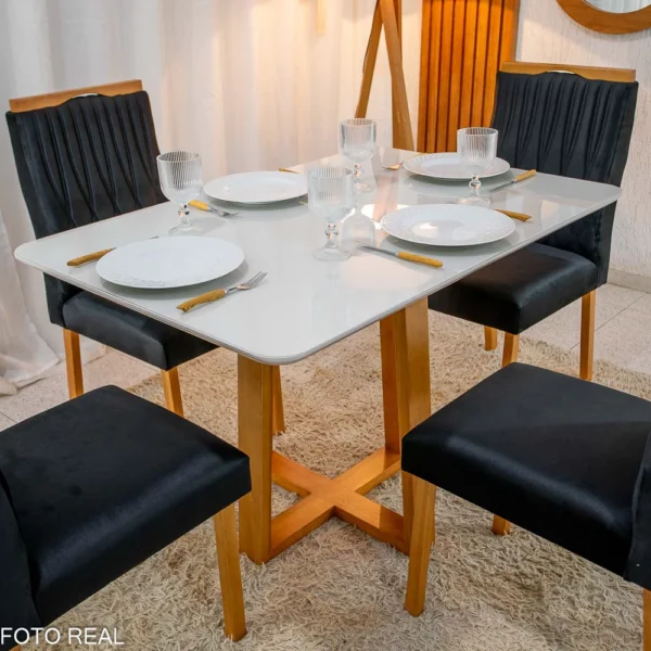 Mesa Pedro Mel Vidro OFF 120×80 4 Cadeiras Genova Veludo Preto 504 Madeira Maciça Art Assento - Entregue Montada(rufer)