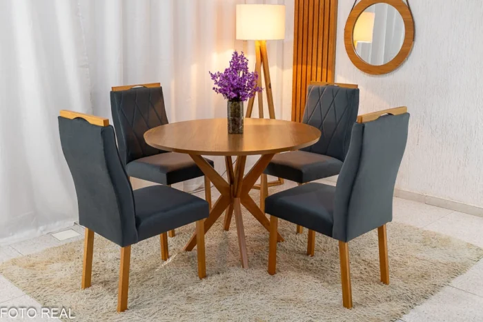 Mesa de Jantar Simpatia Tampo Redondo 108×108 Cinamomo JCM 4 Cad. Lisboa Veludo Cinza 507 Madeira Maciça Art Assento - Entregue Montada(rufer)