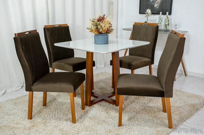 Mesa de Jantar Pedro Mel Vidro Off 90×90 4 Cadeiras Lisboa Veludo Marrom 509 Madeira Maciça Art Assento - Entregue Montada(rufer) - Imagem 2