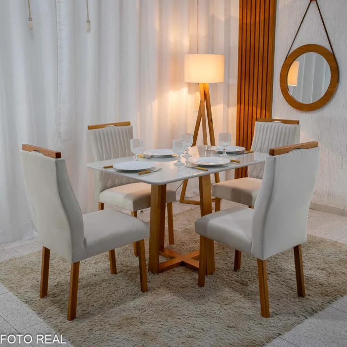 Mesa Pedro Mel Vidro OFF 120×80 4 Cadeiras Genova Veludo Bege 512 Madeira Maciça Art Assento - Entregue Montada - Imagem 3