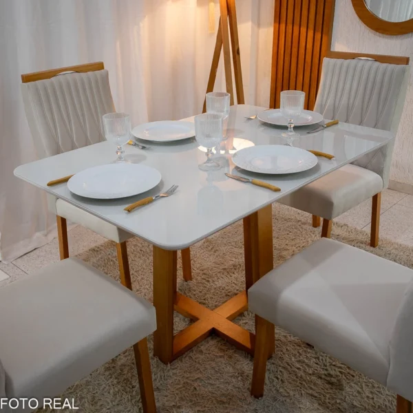 Mesa Pedro Mel Vidro OFF 120×80 4 Cadeiras Genova Veludo Bege 512 Madeira Maciça Art Assento - Entregue Montada