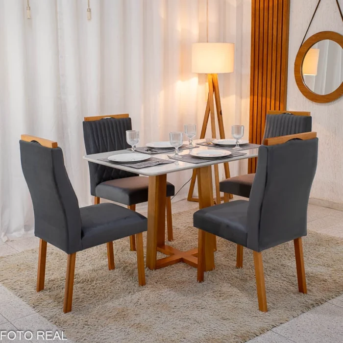 Mesa Pedro Mel Vidro OFF 120×80 4 Cadeiras Genova Veludo Cinza 507 Madeira Maciça Art Assento - Entregue Montada(rufer) - Imagem 3