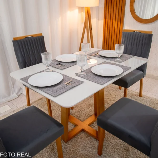 Mesa Pedro Mel Vidro OFF 120×80 4 Cadeiras Genova Veludo Cinza 507 Madeira Maciça Art Assento - Entregue Montada(rufer)