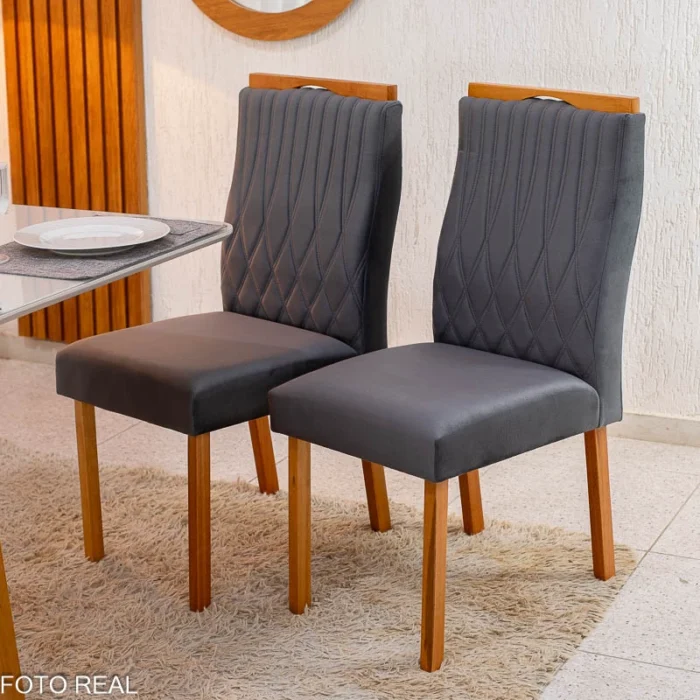 Mesa Pedro Mel Vidro OFF 120×80 4 Cadeiras Genova Veludo Cinza 507 Madeira Maciça Art Assento - Entregue Montada(rufer) - Imagem 5