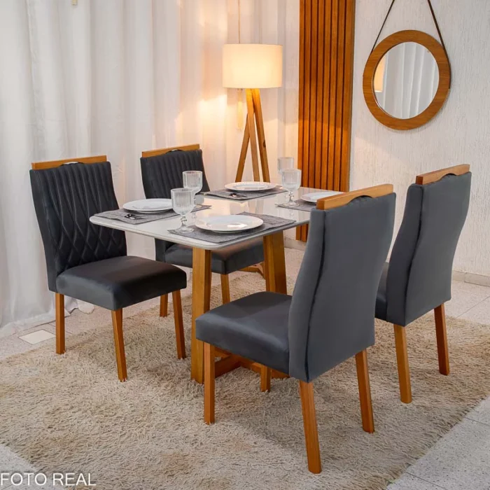 Mesa Pedro Mel Vidro OFF 120×80 4 Cadeiras Genova Veludo Cinza 507 Madeira Maciça Art Assento - Entregue Montada(rufer) - Imagem 2